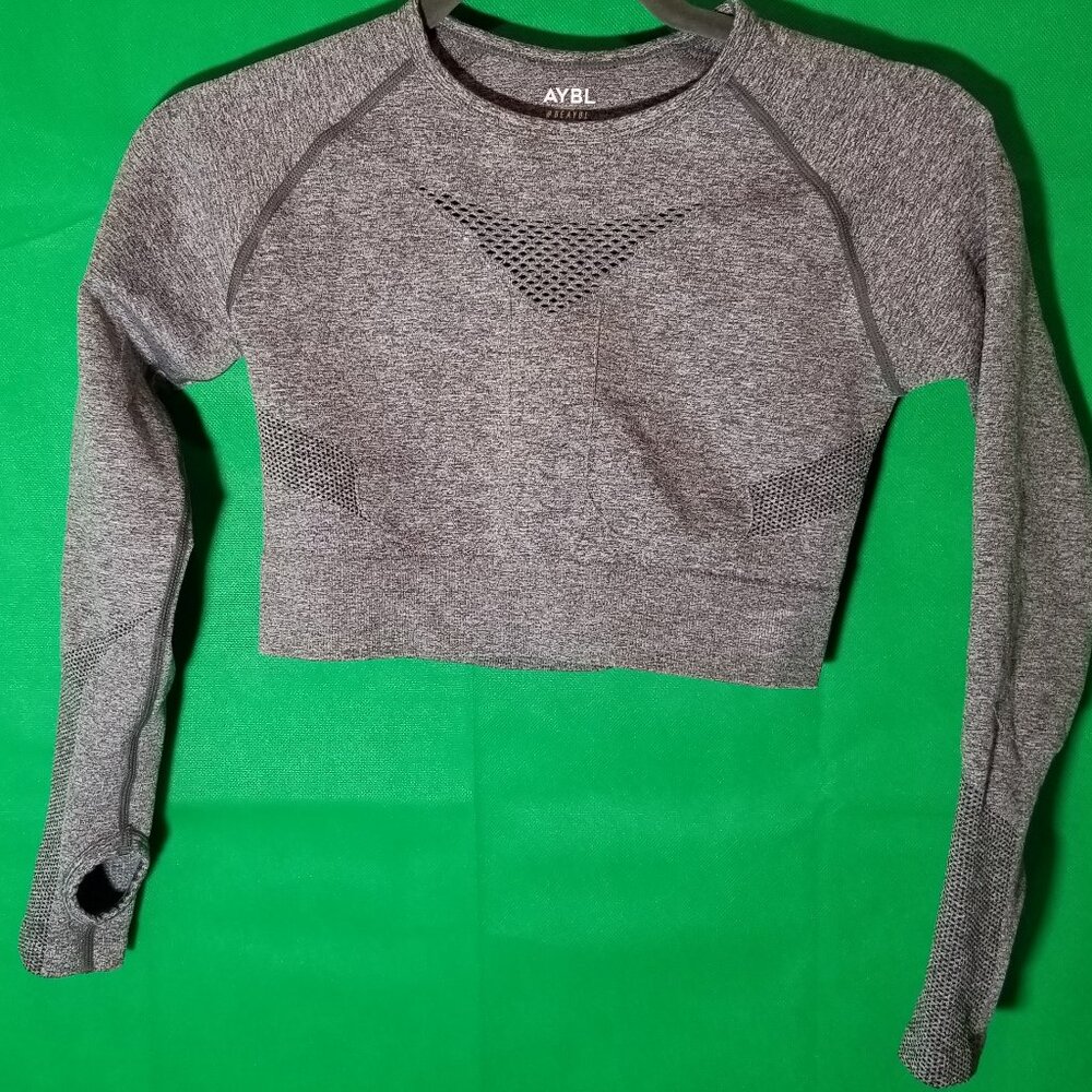 AYBL Womens Medium Compression Cropped Long Sleeve Top Gray Workout Gym
